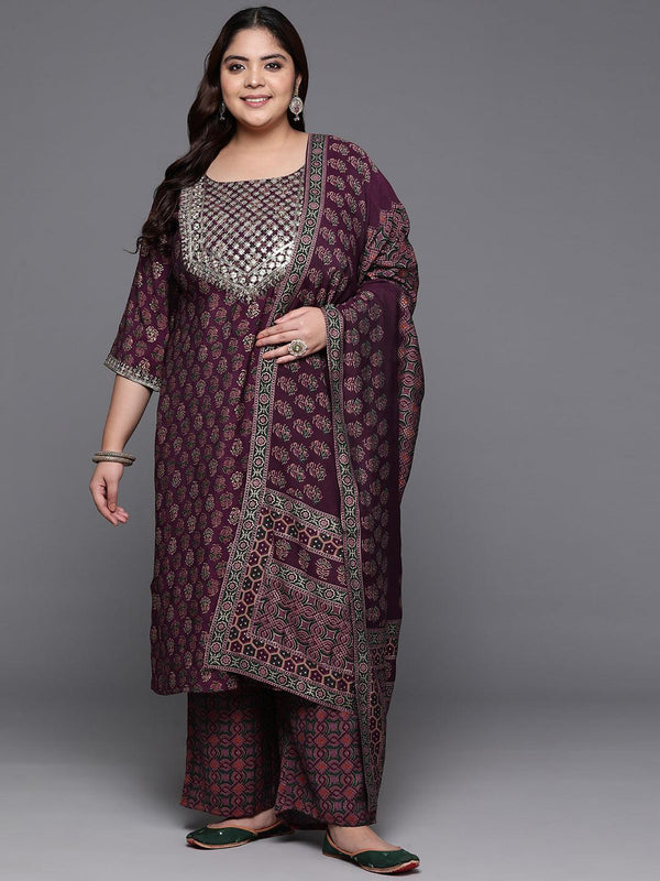 Plus Size Wine Yoke Design Silk Blend Straight Kurta With Trousers & Dupatta - Jashvi