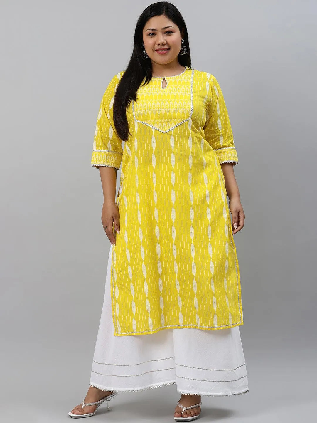 Plus Size Yellow Abstract Cotton Kurta - Jashvi