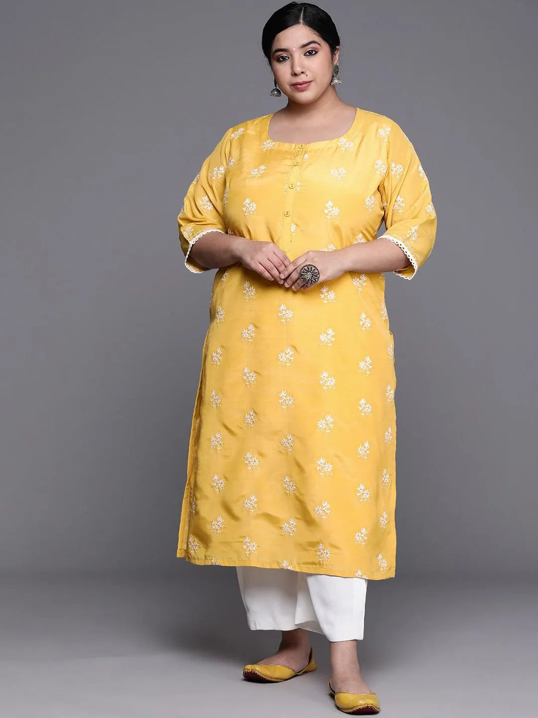 Plus Size Yellow Embroidered Chanderi Silk Kurta - Jashvi