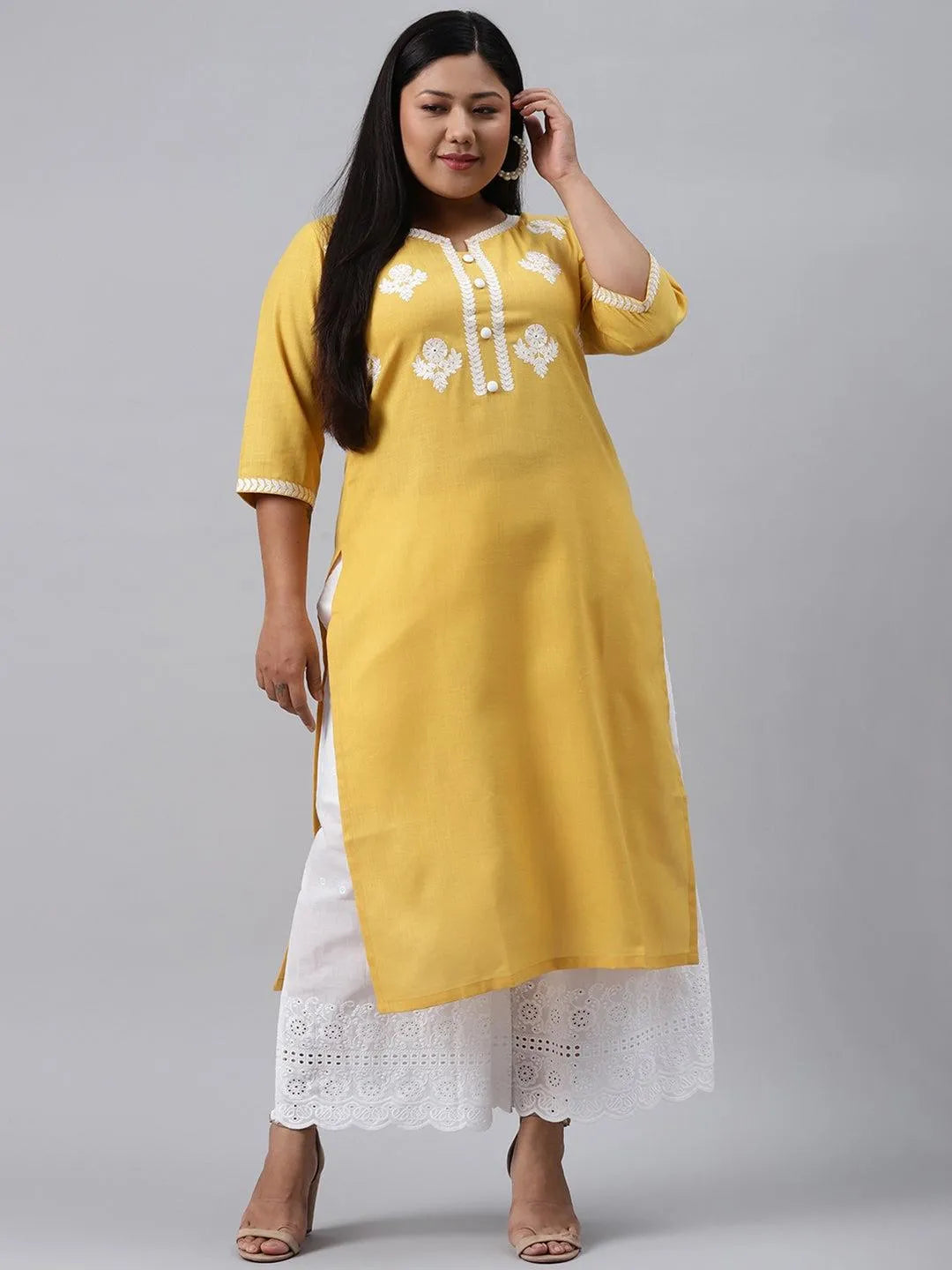 Plus Size Yellow Embroidered Cotton Kurta - Jashvi