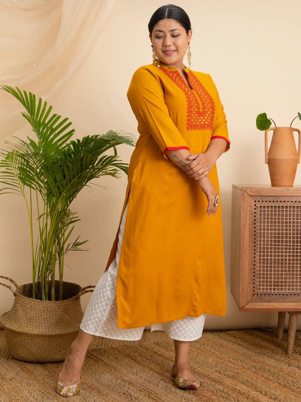 Plus Size Yellow Embroidered Rayon Kurta - Jashvi