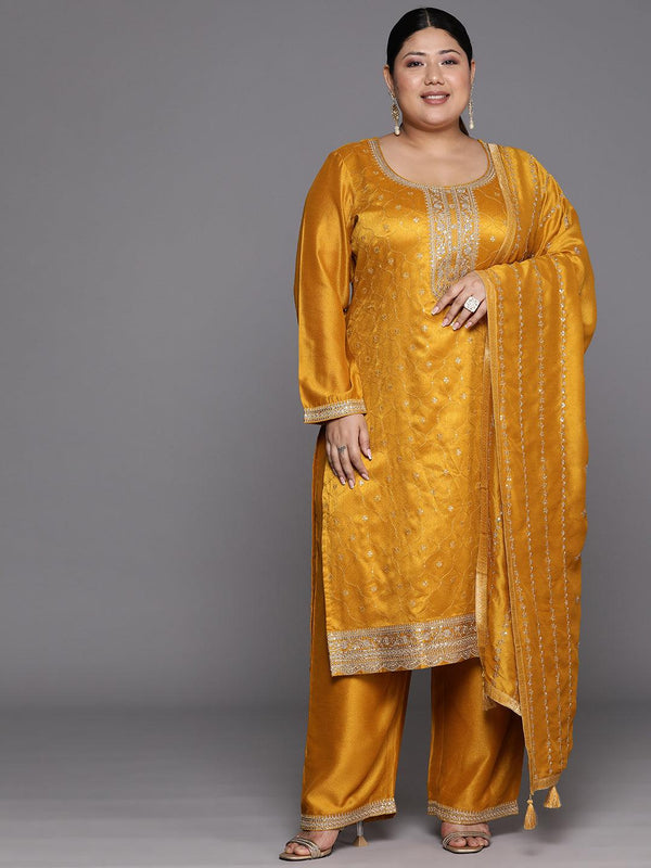 Plus Size Yellow Embroidered Silk Blend Straight Suit Set - Jashvi