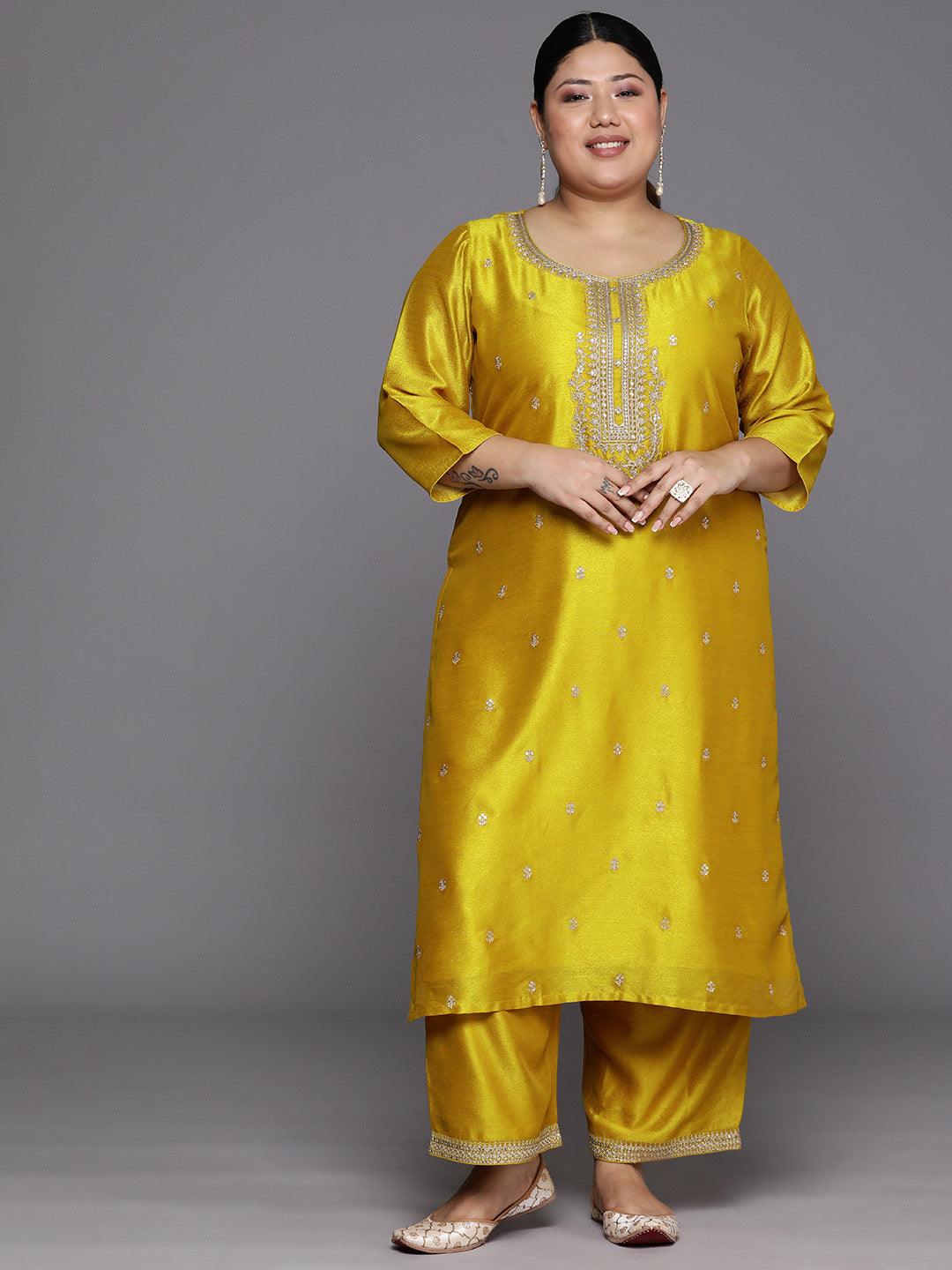 Plus Size Yellow Embroidered Silk Straight Kurta - Jashvi