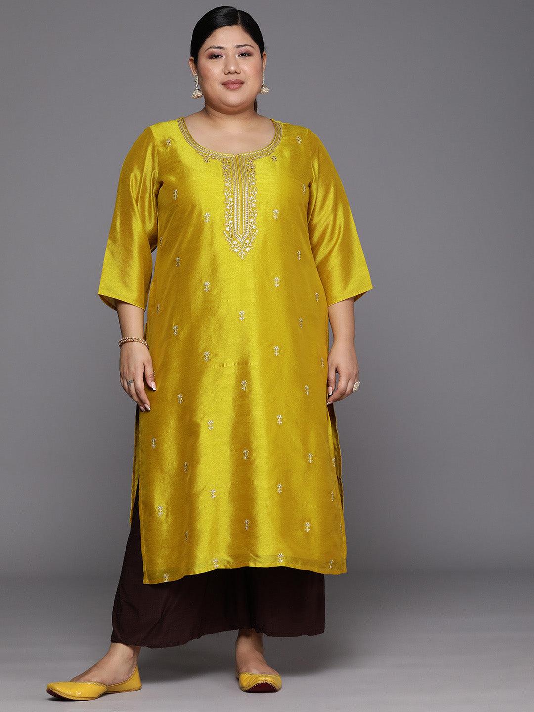 Plus Size Yellow Embroidered Silk Straight Kurta - Jashvi