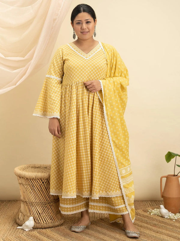 Plus Size Yellow Printed Cotton Suit Set - Jashvi