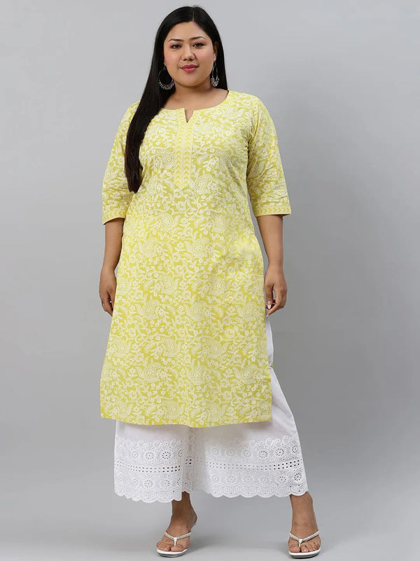 Plus Size Yellow Printed Cotton Kurta - Jashvi