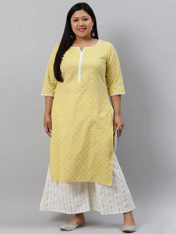 Plus Size Yellow Printed Cotton Kurta - Jashvi