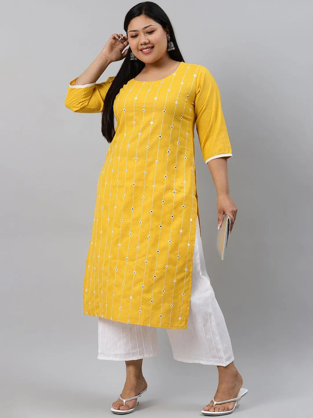 Plus Size Yellow Printed Cotton Kurta - Jashvi