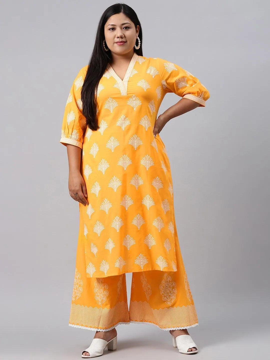 Plus Size Yellow Printed Cotton Kurta - Jashvi