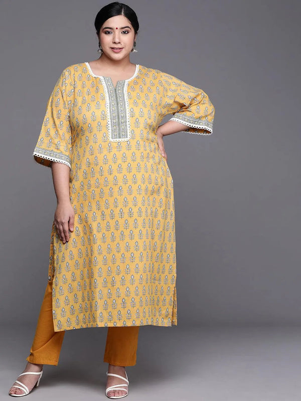 Plus Size Yellow Printed Cotton Kurta - Jashvi