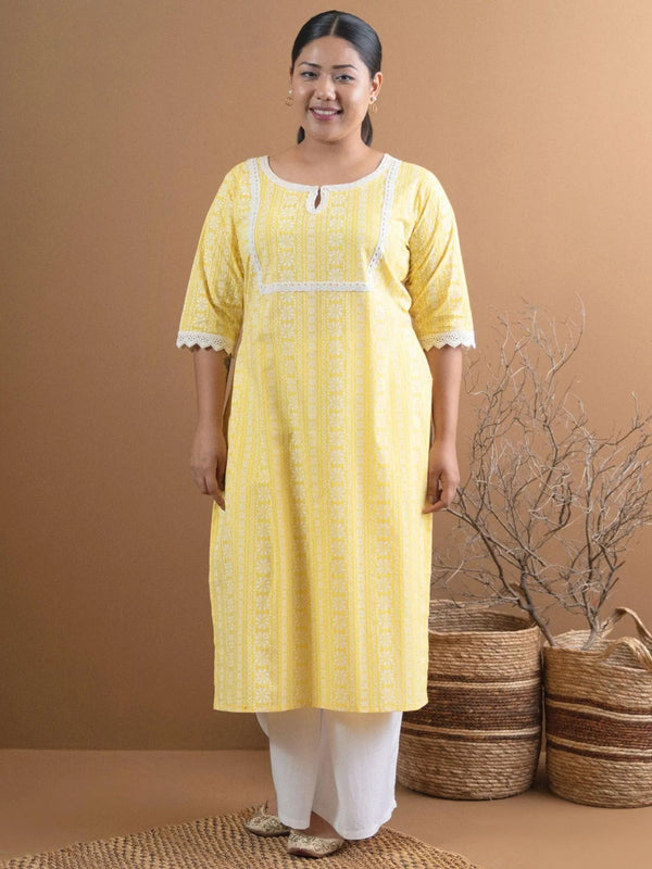 Plus Size Yellow Printed Cotton Kurta - Jashvi