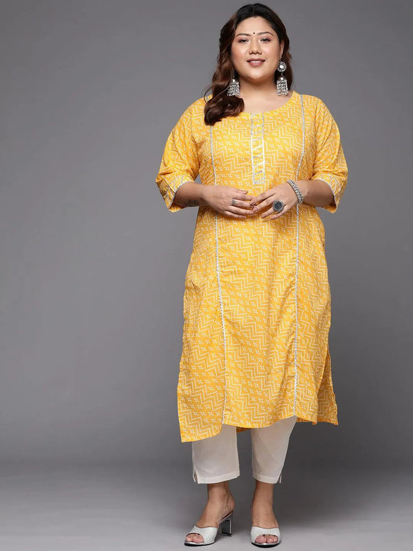 Plus Size Yellow Printed Cotton Straight Kurta - Jashvi