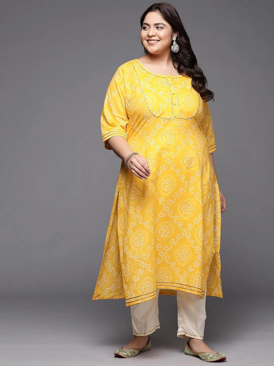 Plus Size Yellow Printed Cotton Straight Kurta - Jashvi