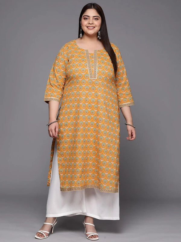 Plus Size Yellow Printed Cotton Straight Kurta - Jashvi