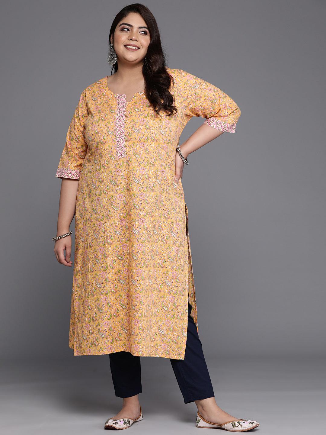 Plus Size Yellow Printed Cotton Straight Kurta - Jashvi