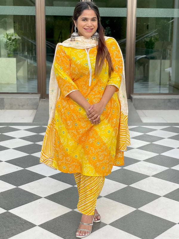 Plus Size Yellow Printed Cotton Suit Set - Jashvi