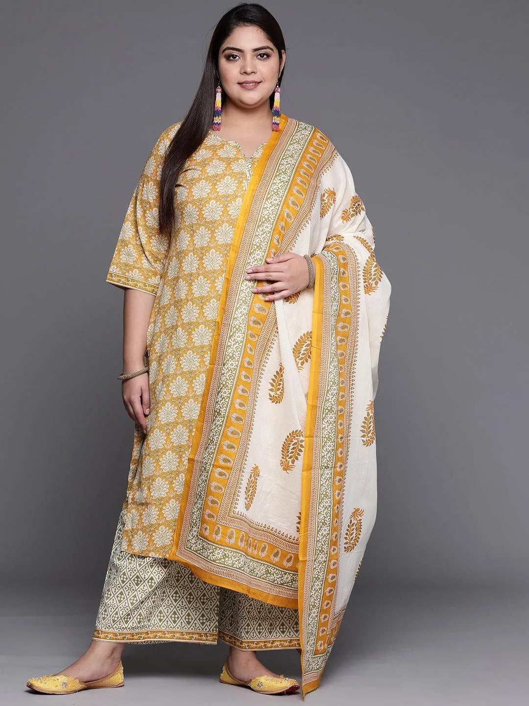 Plus Size Yellow Printed Cotton Suit Set - Jashvi