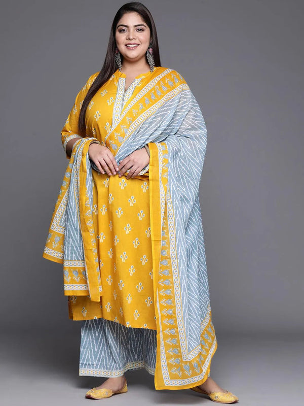 Plus Size Yellow Printed Cotton Suit Set - Jashvi