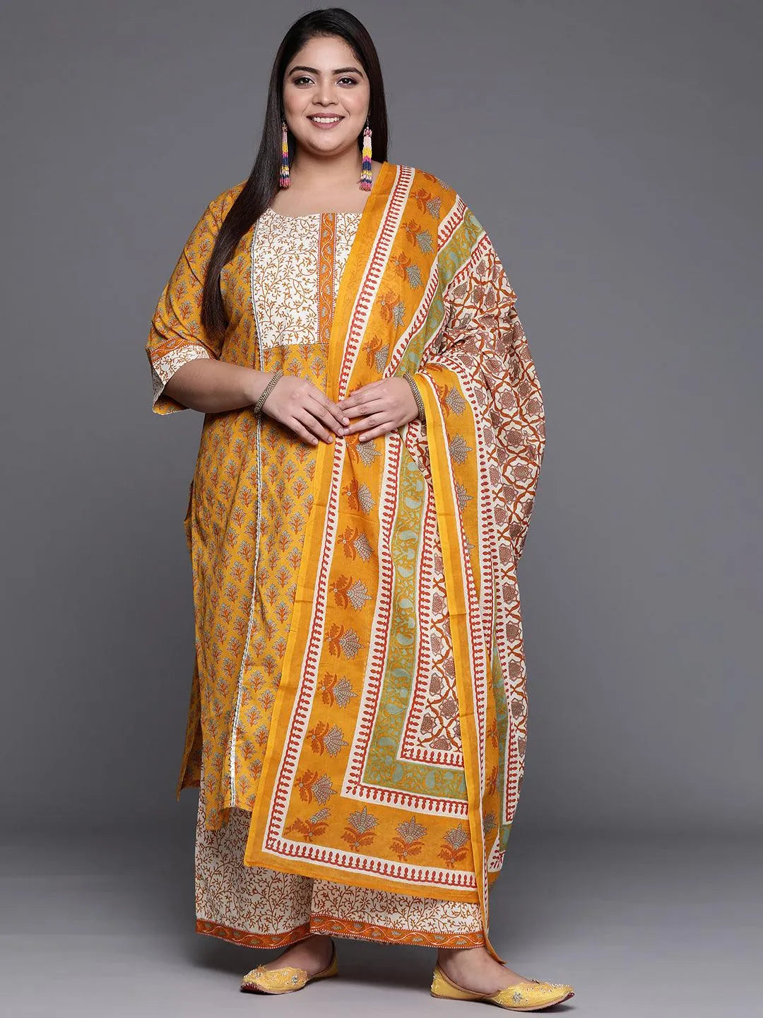 Plus Size Yellow Printed Cotton Suit Set - Jashvi