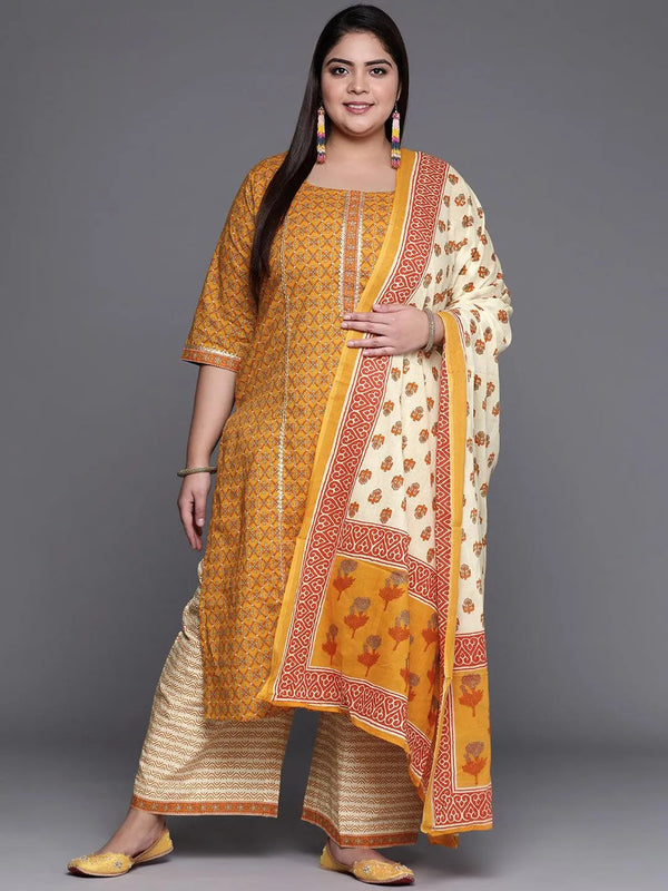 Plus Size Yellow Printed Cotton Suit Set - Jashvi