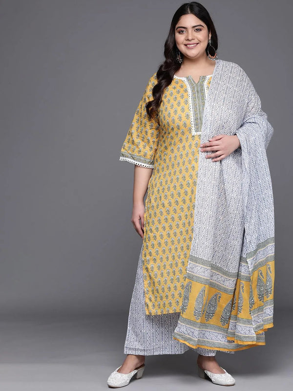 Plus Size Yellow Printed Cotton Suit Set - Jashvi