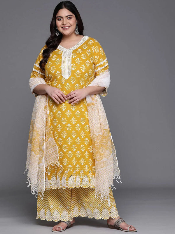 Plus Size Yellow Printed Cotton Suit Set - Jashvi