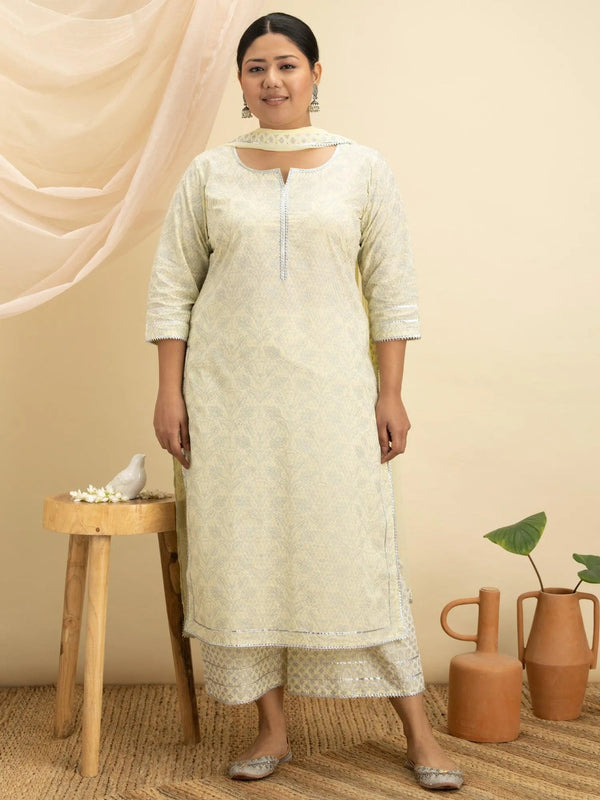 Plus Size Yellow Printed Cotton Suit Set - Jashvi