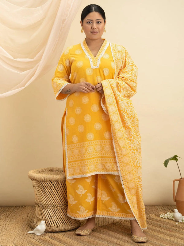 Plus Size Yellow Printed Cotton Suit Set - Jashvi