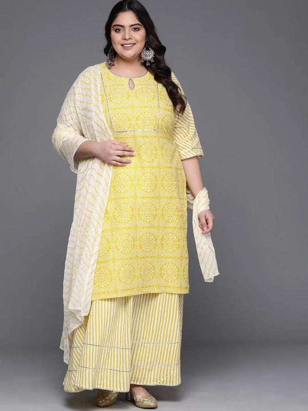 Plus Size Yellow Printed Cotton Suit Set - Jashvi