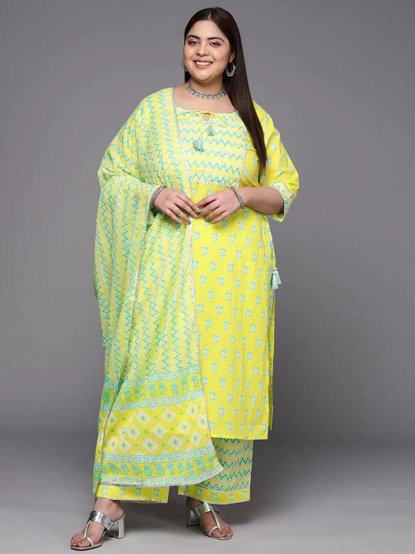 Plus Size Yellow Printed Cotton Suit Set With Trousers - Jashvi