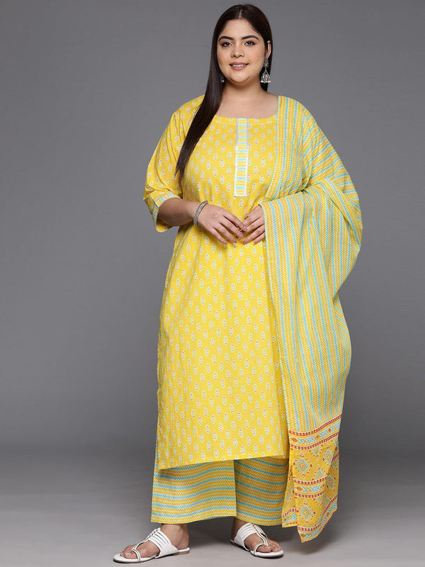 Plus Size Yellow Printed Cotton Straight Kurta With Trousers & Dupatta - Jashvi