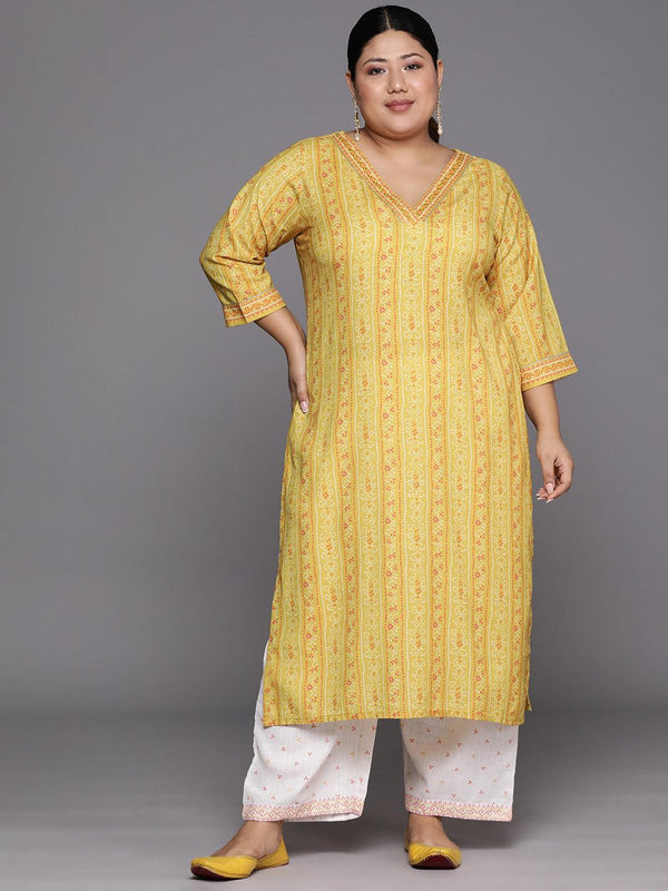 Plus Size Yellow Printed Cotton Blend Straight Kurta Set - Jashvi