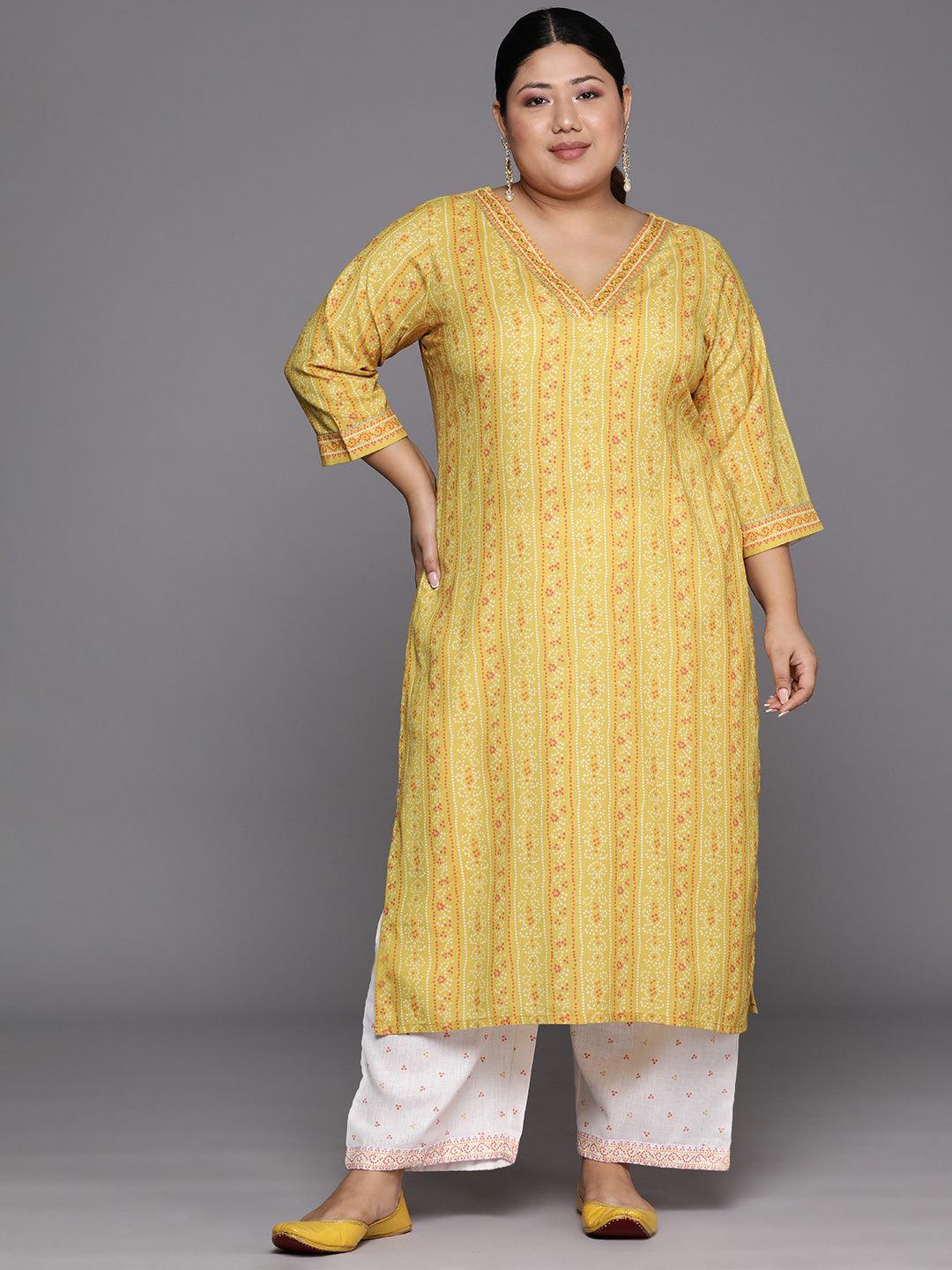 Plus Size Yellow Printed Cotton Blend Straight Kurta Set - Jashvi