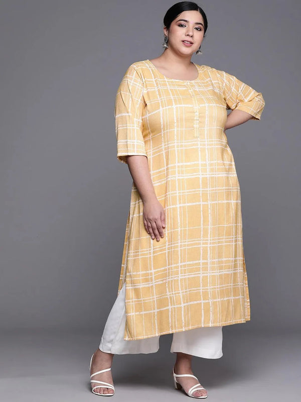 Plus Size Yellow Printed Rayon Kurta - Jashvi