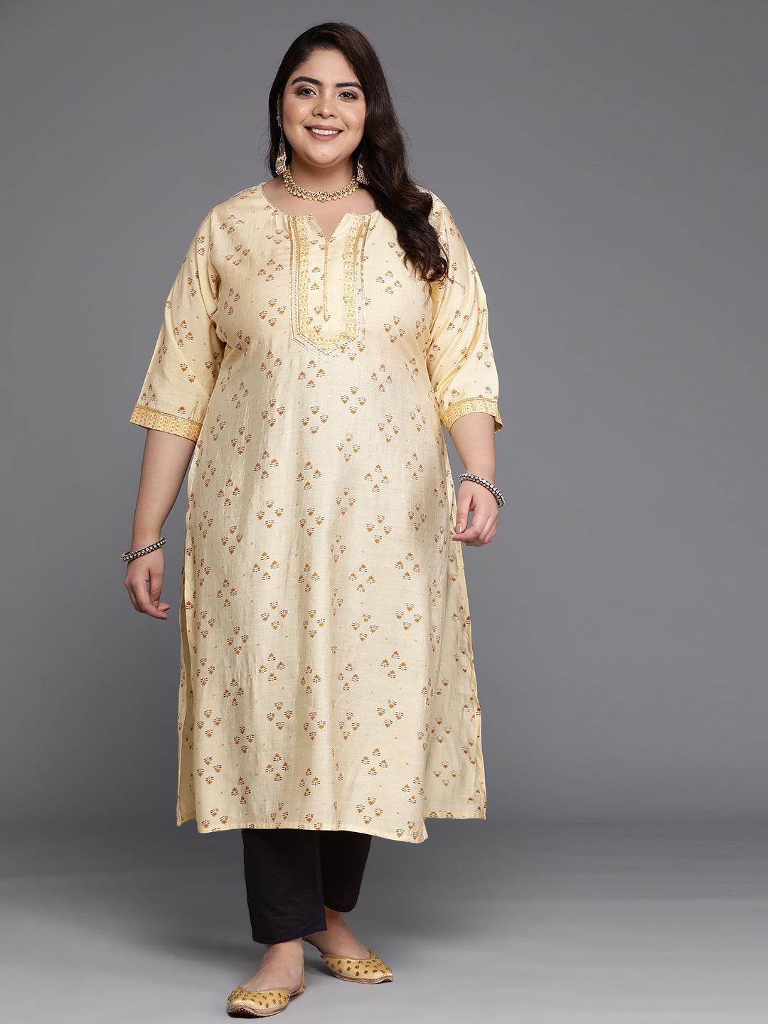 Plus Size Yellow Printed Silk Straight Kurta - Jashvi