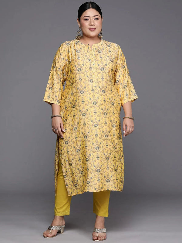 Plus Size Yellow Printed Silk Straight Kurta - Jashvi