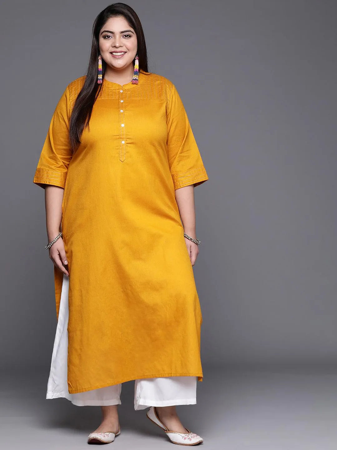 Plus Size Yellow Solid Cotton Kurta - Jashvi