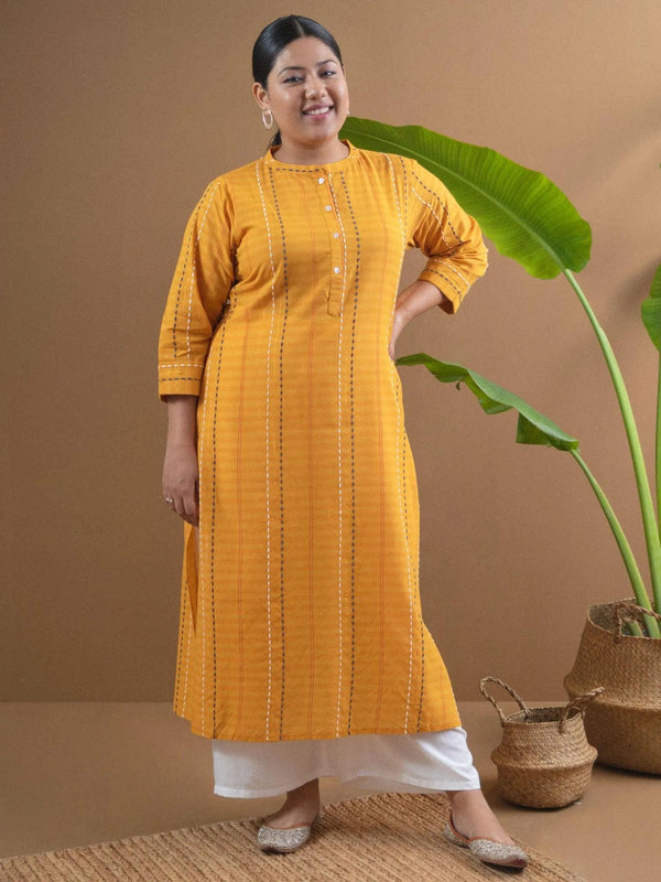 Plus Size Yellow Striped Cotton Kurta - Jashvi