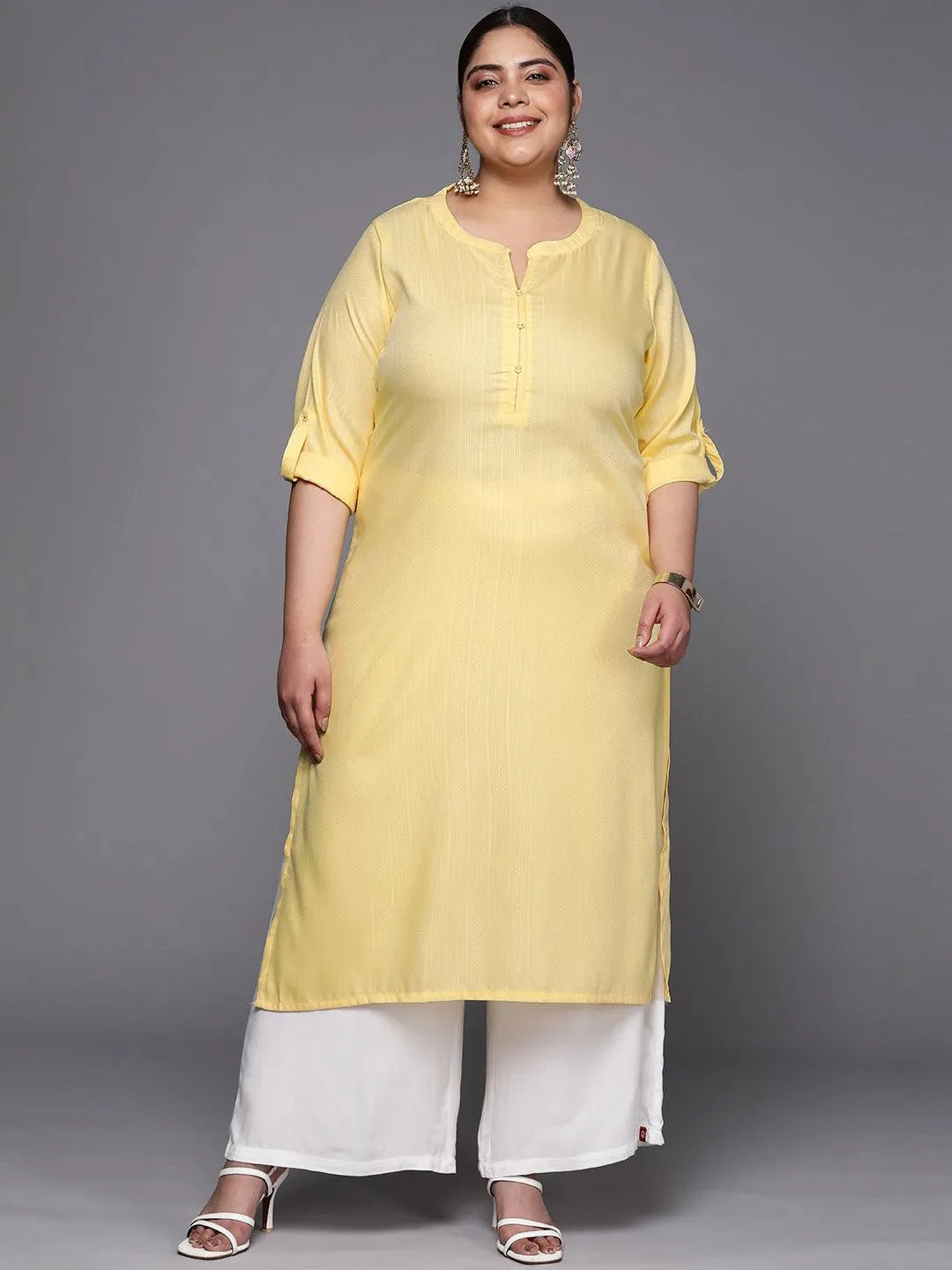 Plus Size Yellow Woven Design Rayon Straight Kurta - Jashvi