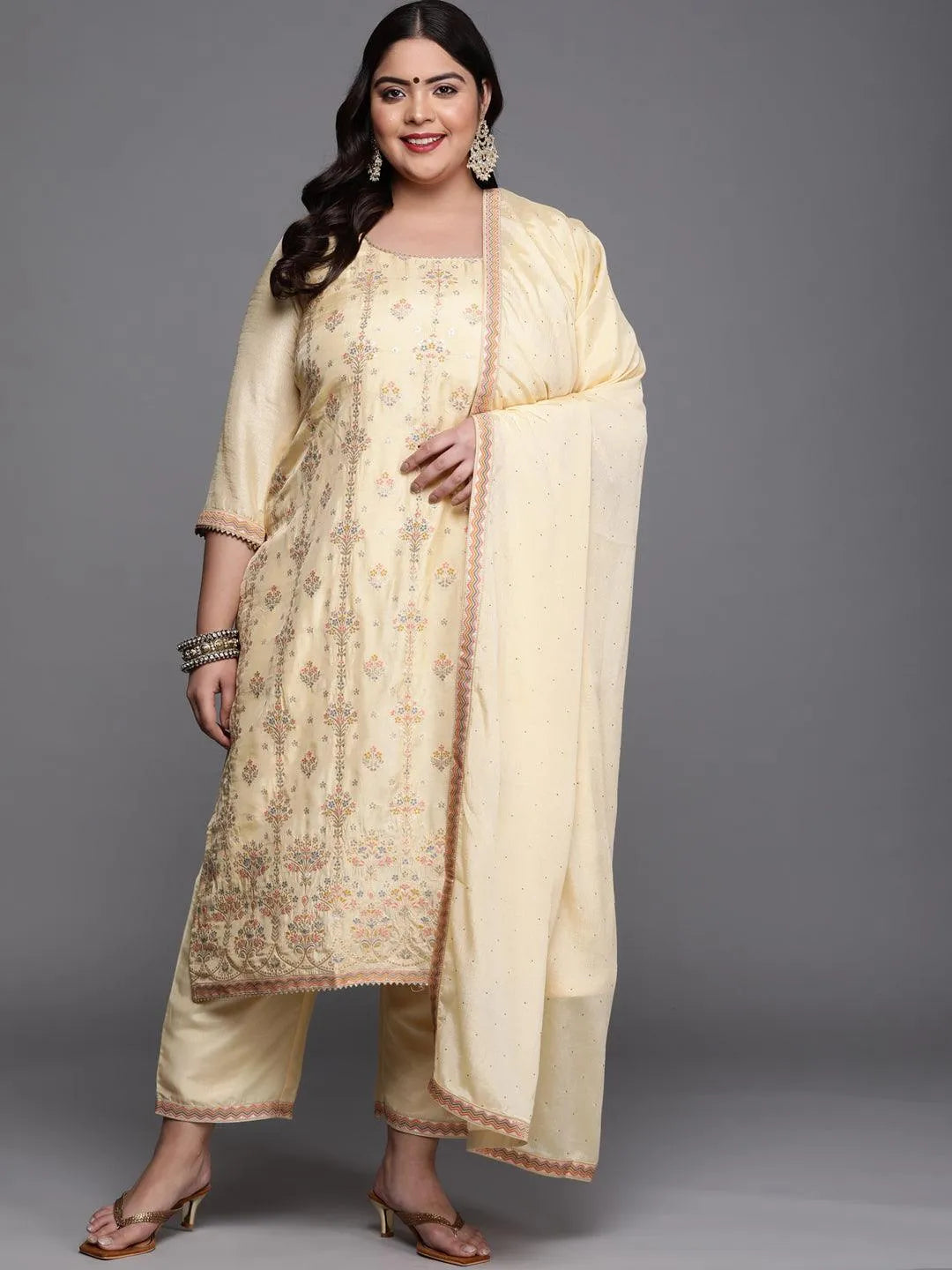 Plus Size Yellow Woven Design Silk Blend Suit Set - Jashvi