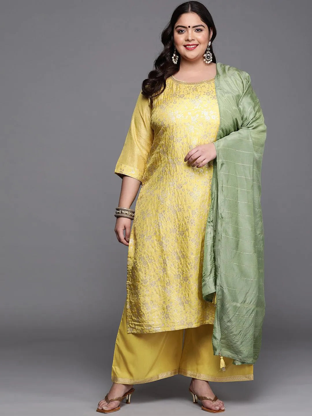 Plus Size Yellow Woven Design Silk Blend Suit Set - Jashvi