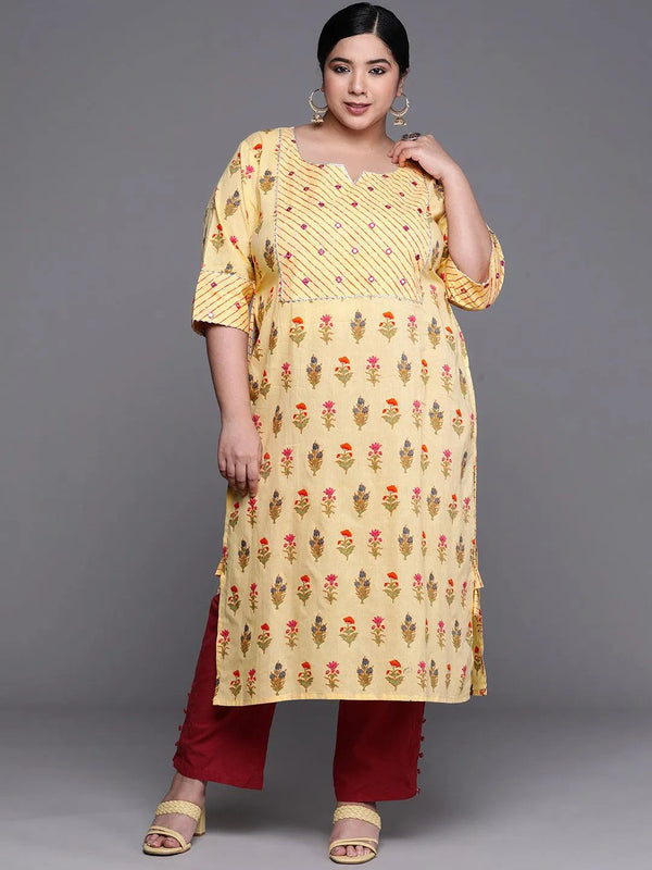 Plus Size Yellow Yoke Design Cotton Kurta - Jashvi