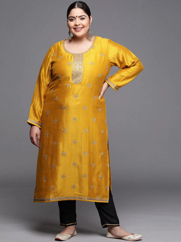 Plus Size Yellow Yoke Design Silk Kurta - Jashvi