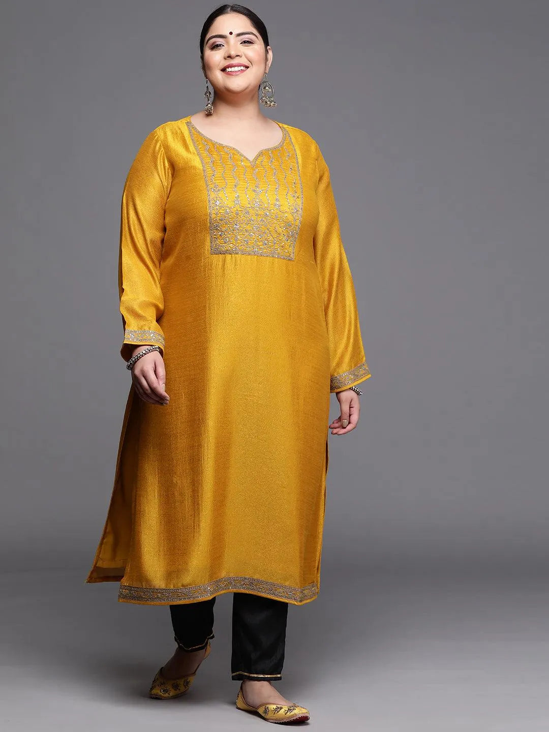 Plus Size Yellow Yoke Design Silk Kurta - Jashvi