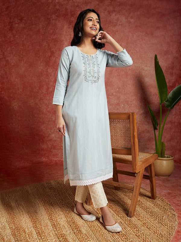 Powder Blue Yoke Design Cotton Straight Kurta - Jashvi