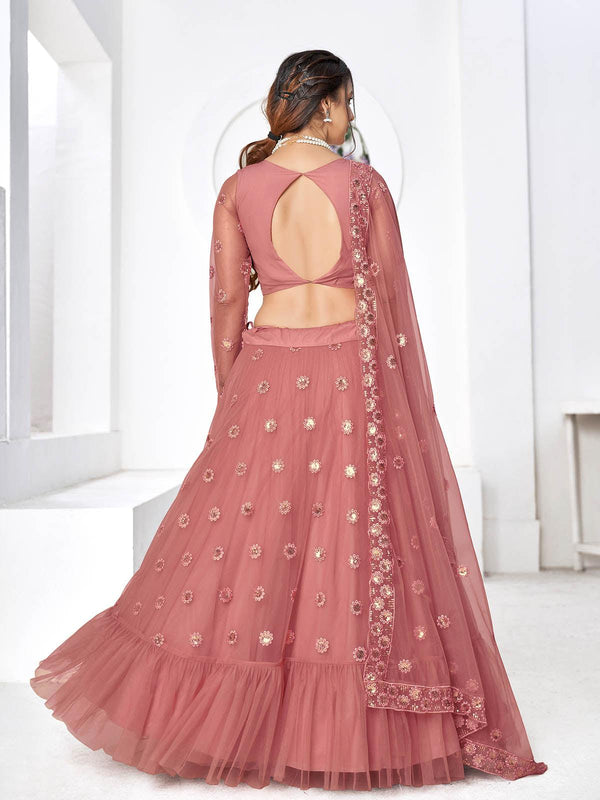 Women's Pretty Dusty Pink Net Lehenga Set - Odette