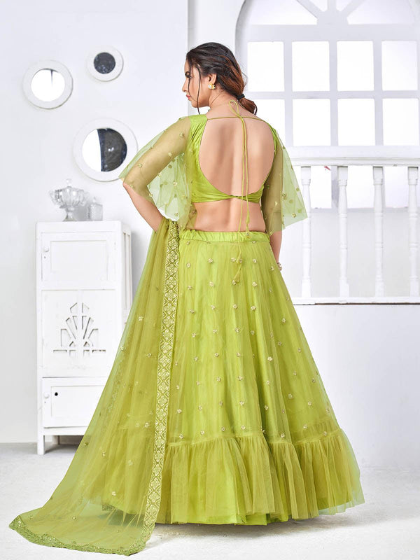 Women's Pretty Fluorescent Green Net Lehenga Set - Odette