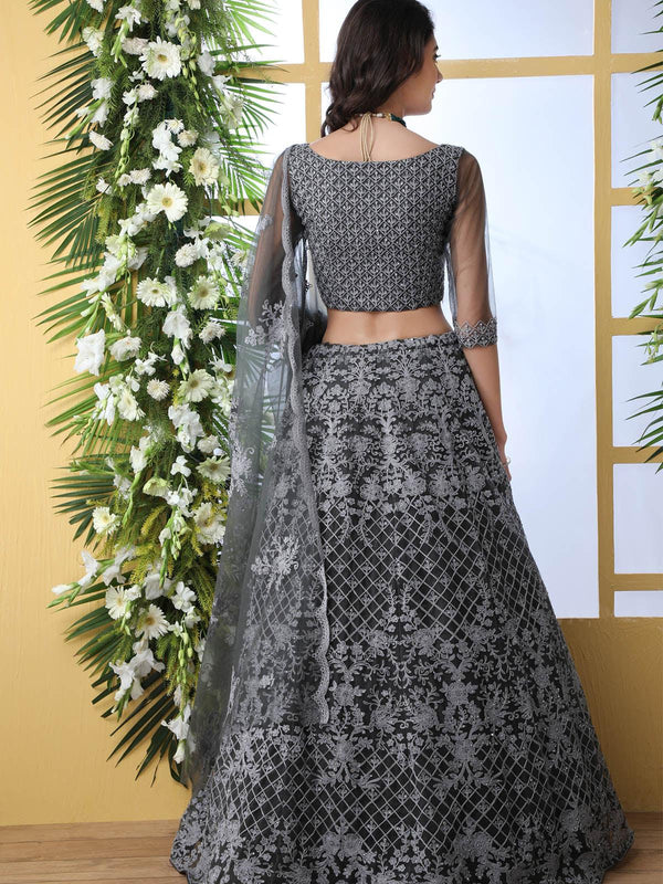 Women's Pretty Grey Net Lehenga Choli Set - Odette