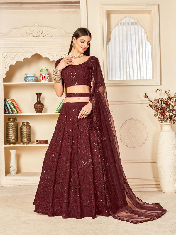 Women's Pretty Maroon Georgette Lehenga Set - Odette