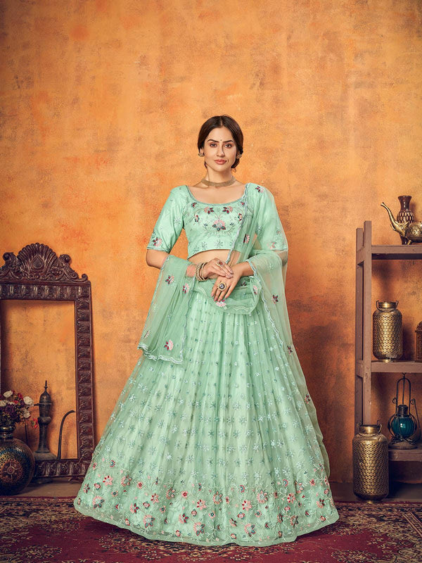 Women's Pretty Mint Green Net Lehenga Set - Odette